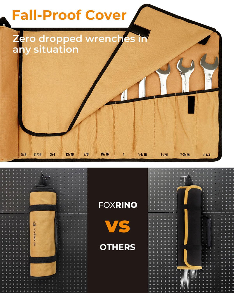 Foxrino Wrench Roll, Wrench Roll Up Pouch, 17-Pocket Heavy Duty Canvas Wrench Organizer Bag for Metric Combination Wrenches, Portable Tool Roll Bag, Gifts for Men for Fathers Day(Brown, 17+1 SAE) Brown