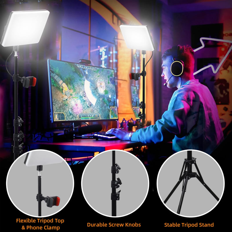 2-Pack LED Video Light Kit, Velvora 15W Photography Lighting with 28"-60" Adjustable Tripod & Phone Holder, 2700-7500K Bi-Color Dimmable Panel (CRI 95+), for Live Streaming, Podcast, Studio & YouTube