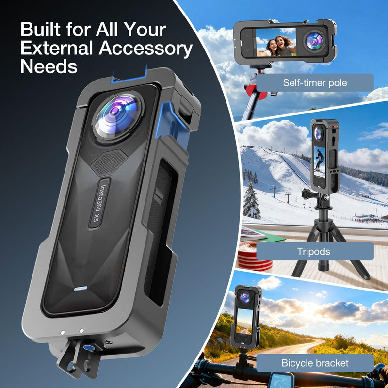 Metal Camera Case for Insta360 X5, Full Accessories Kit Compatible with Insta360 X5 Include Aluminum Alloy Protective Camera Cage | Silicone Lens Cap Guard | Screen Protector | Carrying Case