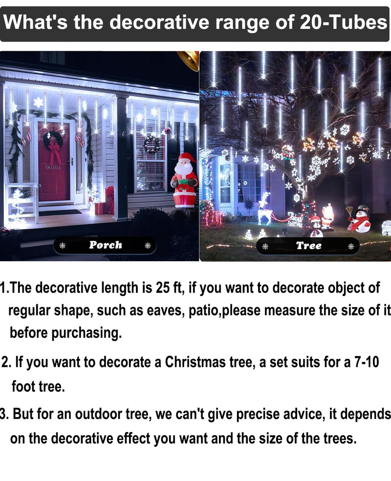 Christmas Lights Outdoor 16 Inch 20 Tubes Meteor Shower Rain Light, Waterproof Falling Icicle String Lighting for Xmas Tree Yard House Decor,Shine White Shine White 16 IN 20 Tube