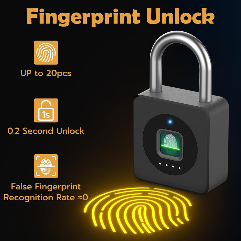Pothunder Fingerprint Lock With APP, Steel Cable Keyless Biometric Padlock, Smart Waterproof for Gym, Locker, Helmet, Gate, Fence, Luggage Black with Cable