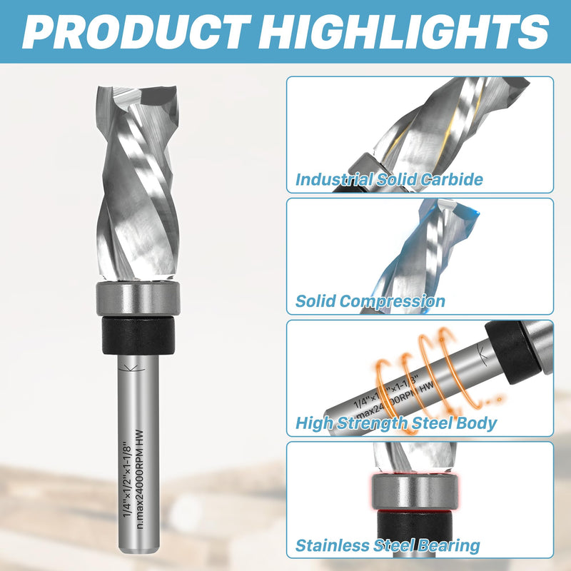 KEENTECH Solid Carbide Compression Flush Trim Router Bit, 1/4" Shank, 1/2" Cutting Dia x 1-1/8" Cutting Length, 2+2 Flute Pattern & Template Router Bit with Top Bearing 1/4" Shank - 1/2" Dia - 1-1/8" CL