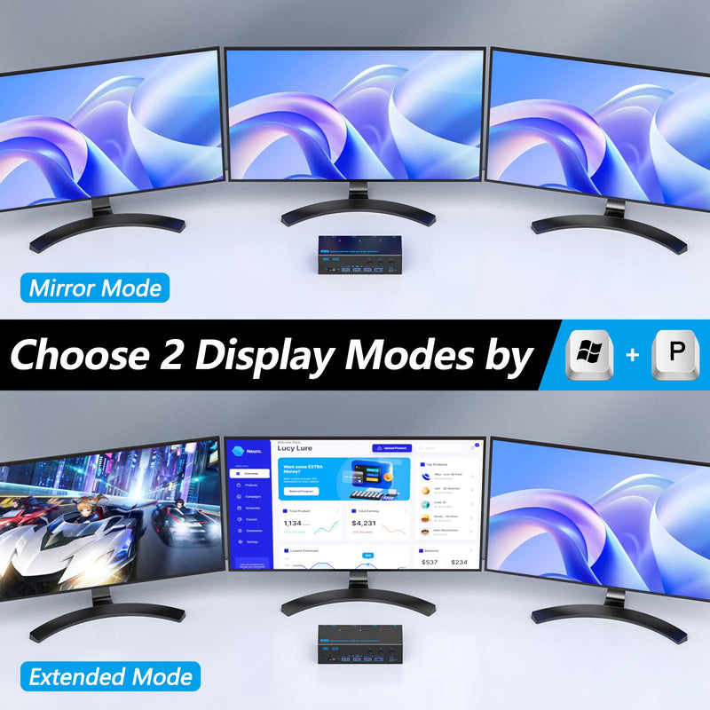KVM Switch 3 Monitors 3 Computers, ANXQQ 8K@60Hz 4K@144Hz Triple Monitor KVM, HDMI + Displayport KVM Switch with 4 USB 3.0 Ports, 3 Monitor KVM with Power Adapter and Wired Remote 3 Computers 3 Monitors