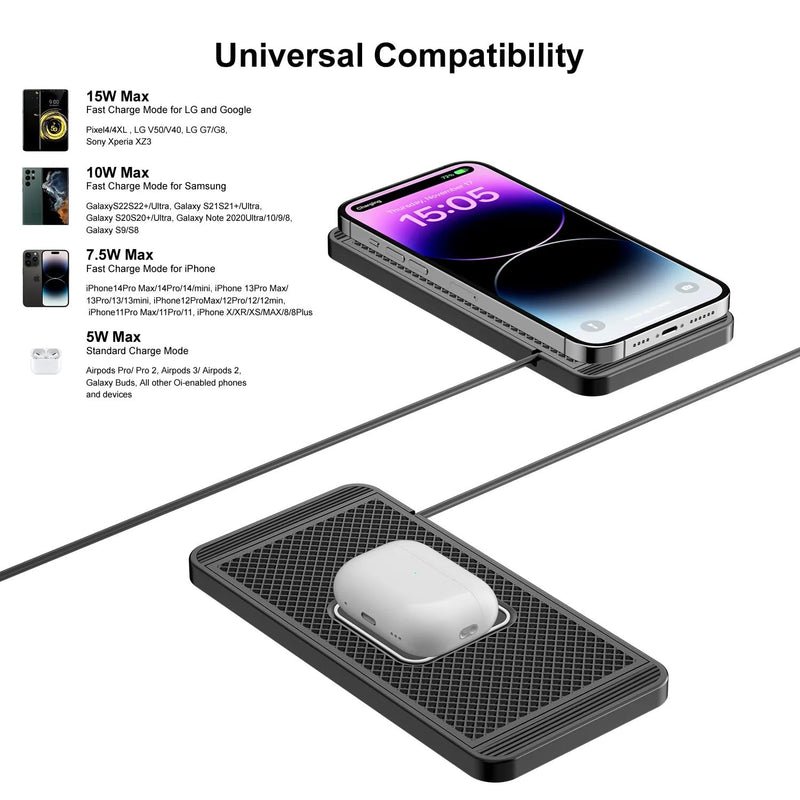 Wireless Charger Car Charging Pad 15W Fast Car Wireless Charger Pad, 15W Fast Charging, Anti-Slip, Universal Qi Compatible with iPhone and Wireless Charging Phones, Black(USB-C)