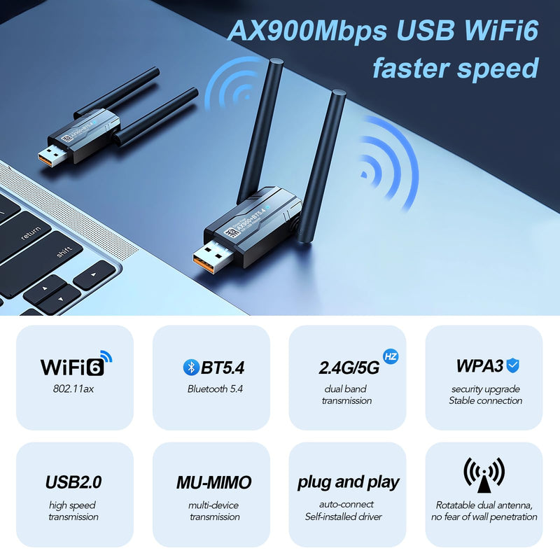 USB WiFi 6 Adapter Bluetooth 5.4, AX900M Dual Band 5/2.4Ghz,Wireless Network External Receiver for Laptop/PC/Desktop，with 5dBi Antenna Compatible with Windows 7/10/11,Black