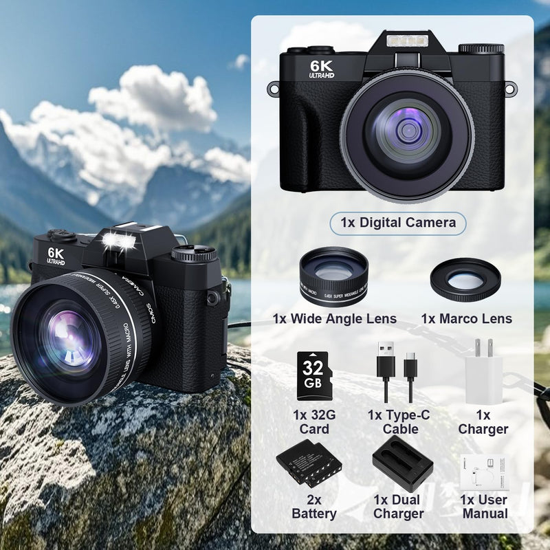6K 64MP Digital Camera for Photography Vlogging Camera for YouTube, 180° Flip Screen, 16X Zoom Autofocus, Compact Travel Beauty Camera for Teens, with 52mm Lens, 2 Batteries, 32GB SD Card