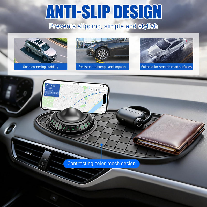 Multifunctional Car Anti-Slip Mat,With360° Rotating Adjustable Phone Holder and Temporary Parking License Plate Holder; Can Store Mobile Phones, Keys, Sunglasses and Other Items (Black and Gray) Black and Gray