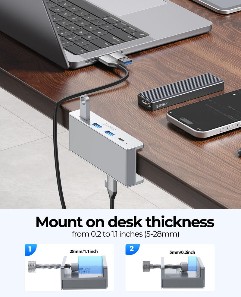 ORICO USB Hub 3.0, Clamp USB Hub with Extra Power Port, Aluminum 4-Port USB Adapter with 3 USB-A Data Ports, USB-C Port for Monitors, Desks(Silver) Silver
