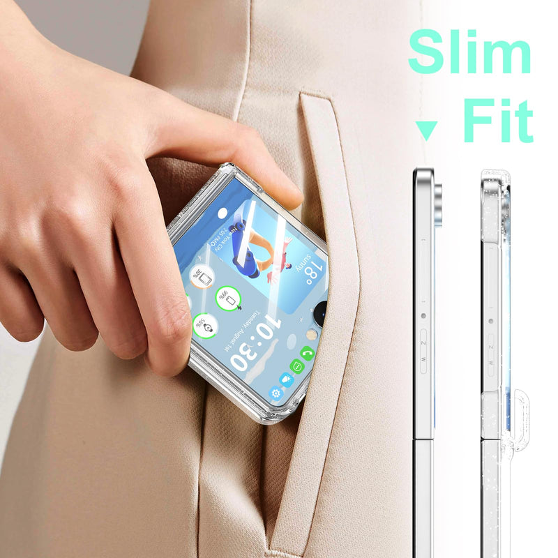 For Samsung Galaxy Z Flip 8 Case Clear Sparkle with Hinge Protection | Built-in Glass Screen Protector for Flip 8 Protective Phone Case Cover Clear Glitter