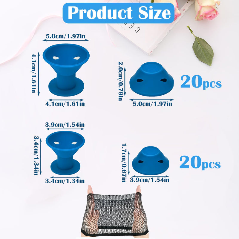 Silicone Hair Rollers Heat-Free Styling, 40 Pack (20 Large + 20 Small) with Hairnet in PVC Bag, Safe Hairdressing Tool for Women and Girls(Dark blue)
