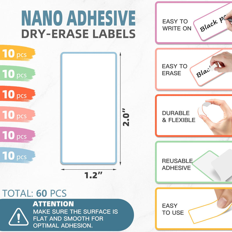 PPB Dry Erase Labels Sticky Notes for Containers, Reusable Waterproof Removable Stickers for Storage Bins, Freezer, Kitchen, Classroom, Whiteboard, All Purpose Use (1.2”x 2”, Multicolor, 60 Dots) 1.2" x 2" (60 labels)