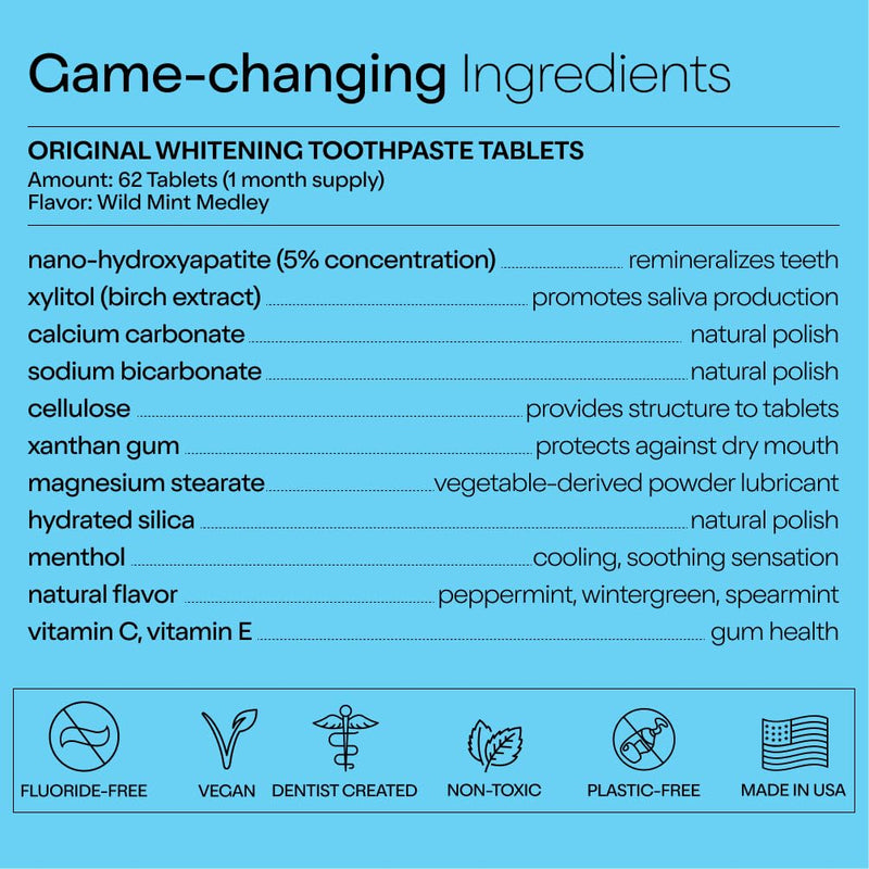 Duo Toothpaste Tablets | Nano-Hydroxyapatite (nHa) Natural Whitening, Remineralize, Reduce Sensitivity | Sustainable & Plastic Free | Dentist Created | Wild Mint Medley - 1 Bottle / 186 Tablets Original 186 Count (Pack of 1)
