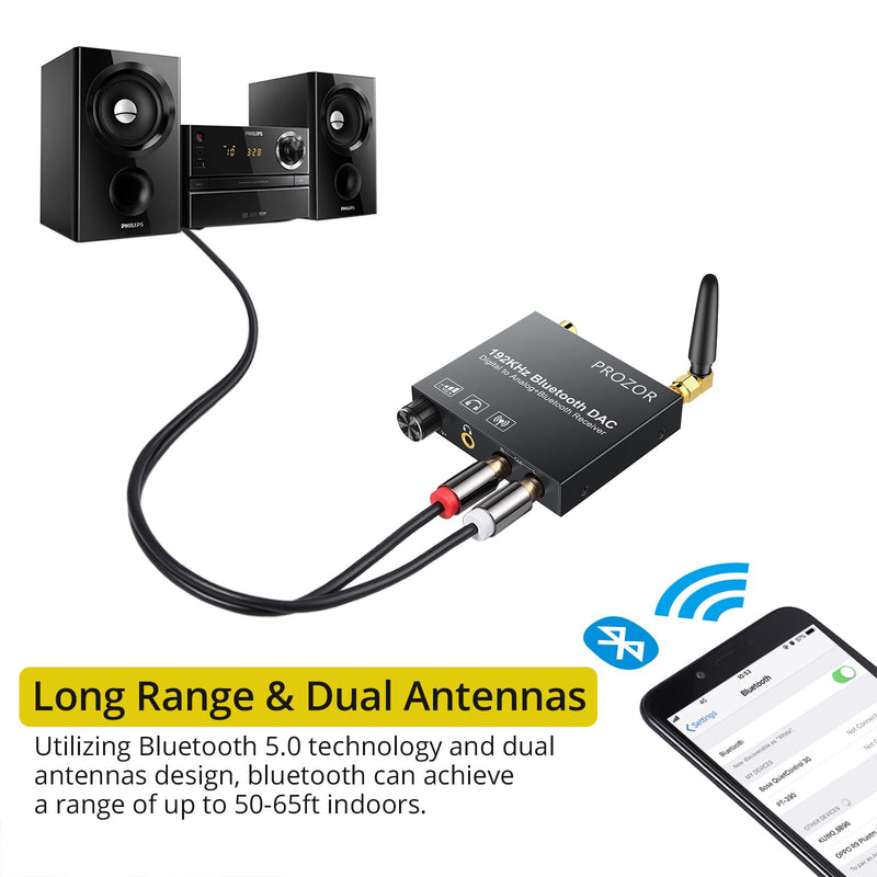 PROZOR 192kHz Digital to Analog Audio Converter with 5.0 Bluetooth Receiver,Optical to L/R Converter with Volume Adjustable, Optical Coaxial Bluetooth Digital Audio to Stereo Analog L/R & 3.5mm DAC Bluetooth Receiver with Adjustable Volume