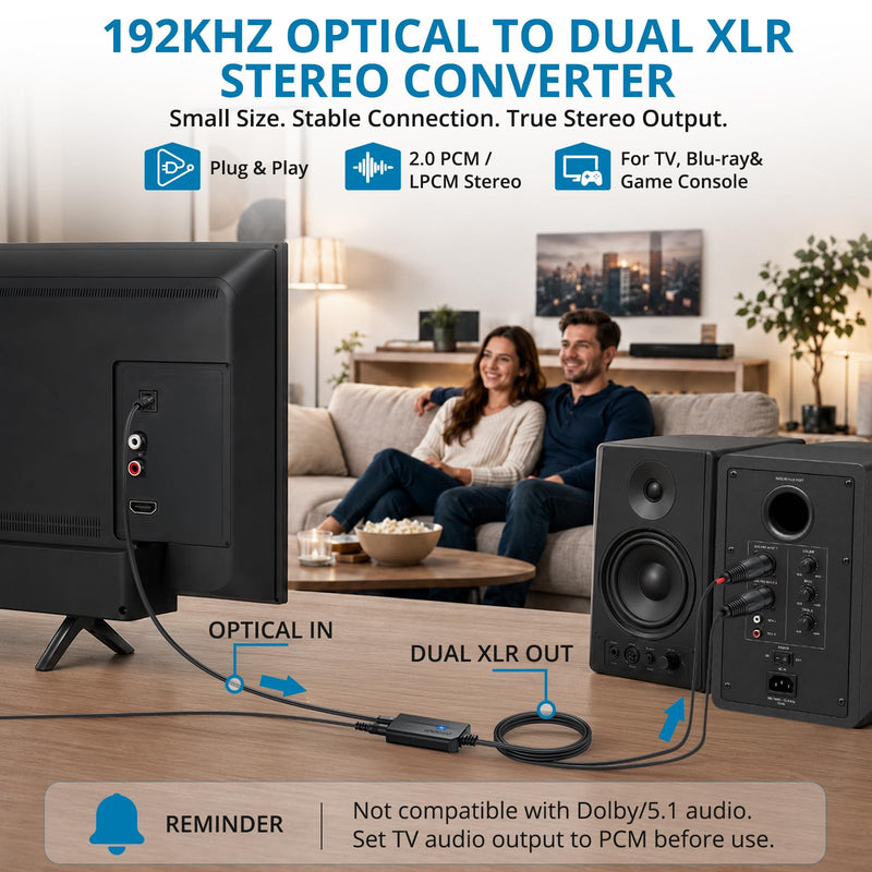 AUTOUTLET 192kHz Optical to Dual XLR Stereo Converter, SPDIF/Toslink to XLR Male Analog Audio Adapter with 3.4 ft Integrated Cable and 3 ft Optical Cable for Amplifiers and Powered Speakers