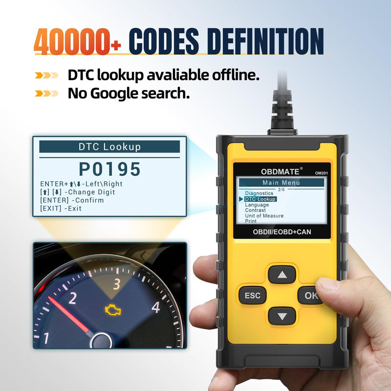 Car Scanner, OM201 Check Engine Code Reader OBDII Diagnostic Tool with Wireless Printing | Graphic Live Data| EVAP Test | DTC Lookup, Yellow