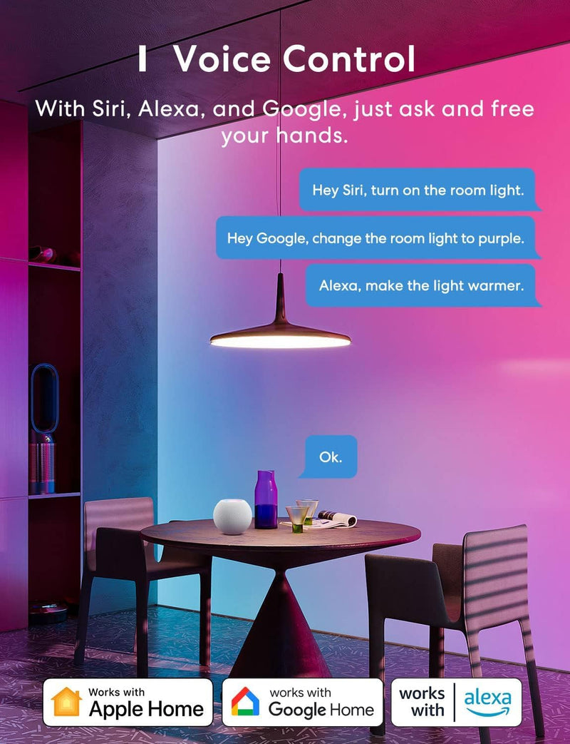 Meross Smart Light Bulb, Smart WiFi LED Bulbs Compatible with Apple HomeKit, Siri, Alexa, SmartThings, Dimmable E26 Multicolor 2700K-6500K RGBWW, 900 Lumens 60W Equivalent 2 Pack A19 2 Pack
