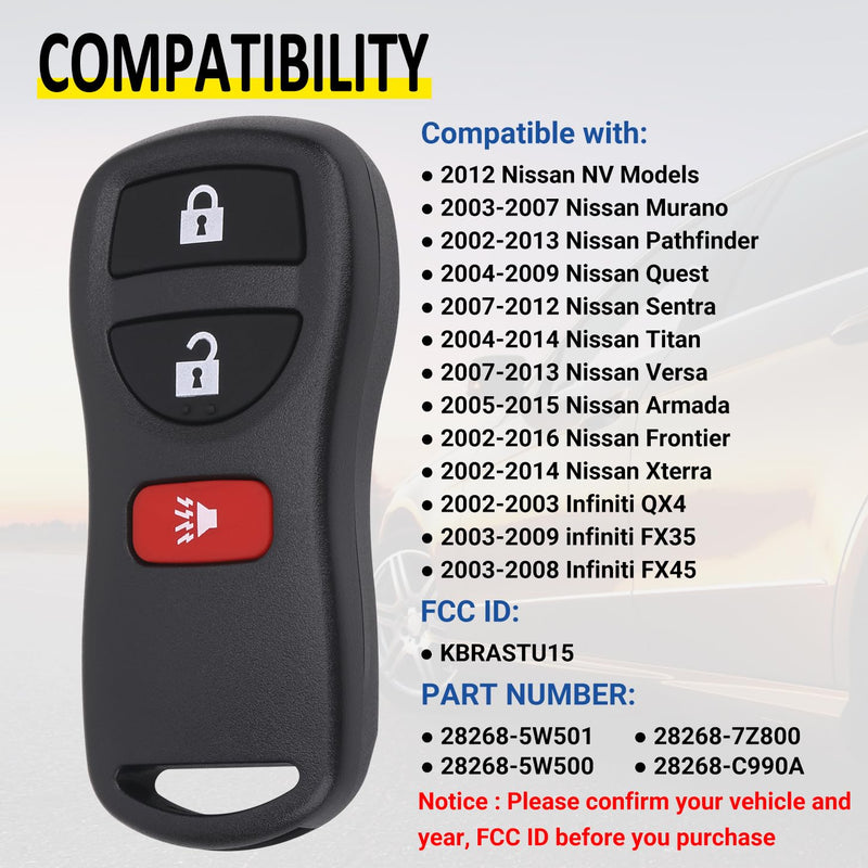 Keyless Entry Remote Key Fob Compatible with Infiniti FX35 FX45 QX4, Armada Pathfinder Frontier Murano Titan Quest Xterra Sentra, Replacement for KBRASTU15 (Pack of 2)
