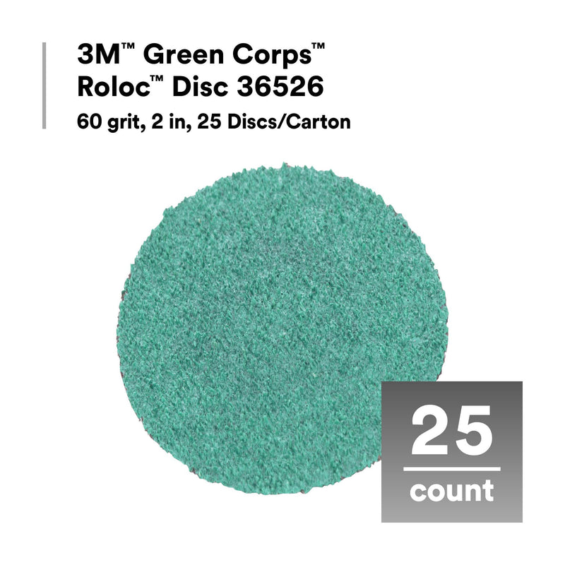 3M Green Corps Roloc Disc 36526, 60 Grit, Quick Change, Heavy Duty, Grinding, Coating Removal, 2 in, 25 Discs/Carton 40+ Grit