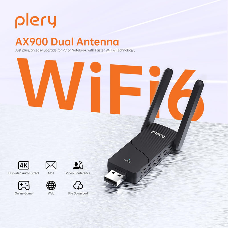 USB WiFi Adapter for Desktop PC, AX900 Bluetooth WiFi 6 Adapter WiFi Dongle with 5Ghz 2.4GHz Dual Band Wireless Network Card, Built-in Driver for Windows 10/11, High Gain Antenna, WPA3 Security