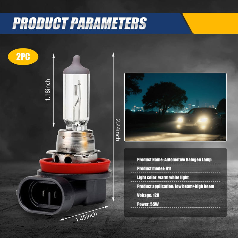gunhunt 2 PCS Car H11-55W Halogen Bulb, 12V Quartz Lamp Beam Low/High Beam Fog Light Replace, All-in-one Plug and Play Lighting, Suitable for Replacement of Original H11 Bulb Model (Warm White Light) White #H11