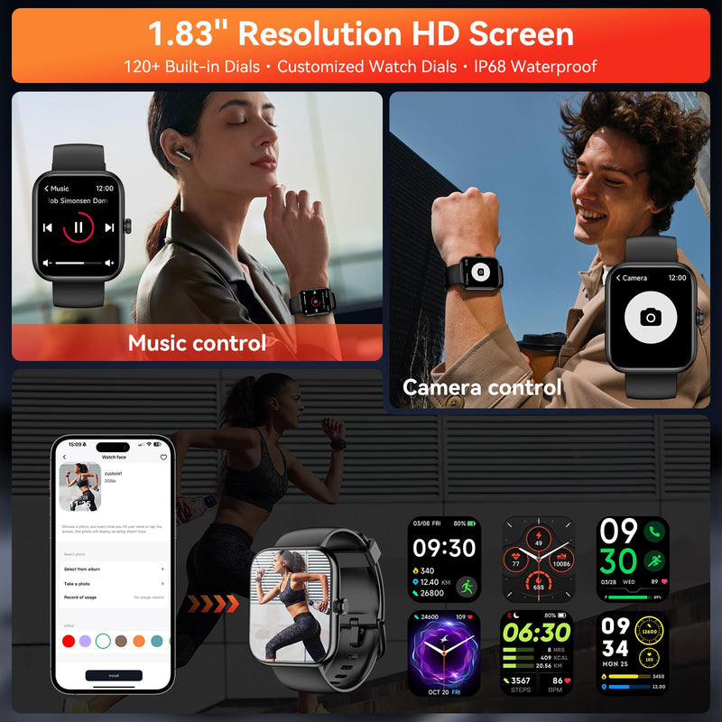 Smart Watch with Alexa Built-in, 1.83" HD Touchscreen Fitness Tracker, Bluetooth Notifications/Calls, IP68 Waterproof, 120+ Sport Modes, 24/7 Heart Rate & Sleep Monitor for iPhone Android iOS (Black) Black
