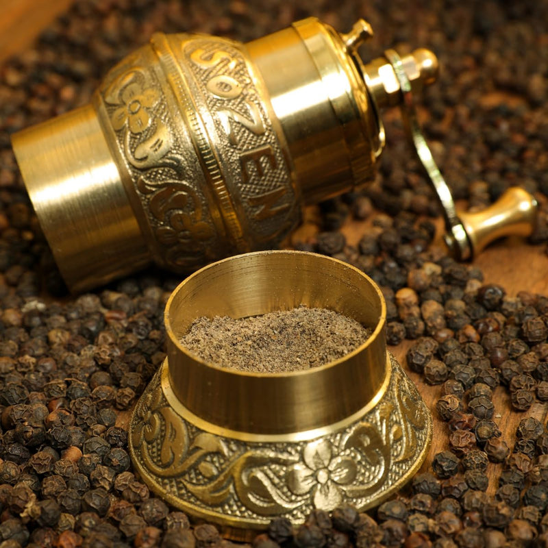 Sozen 4.7" Istanbul Manual Pepper Grinder Brass – Handmade Turkish Pepper Mill, Conical Burr Spice Grinder, Portable Hand Crank Mill for Salt, Peppercorns, and Other Spices with Durable Brass Decor