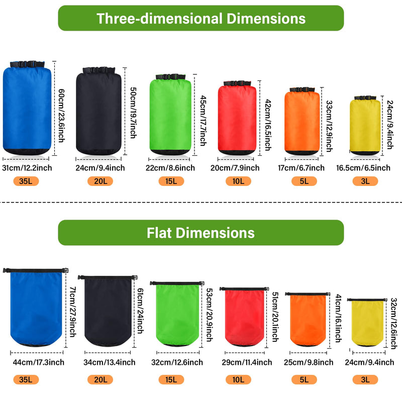 6 Pcs Waterproof Dry Bag Sack Lightweight Outdoor Dry Bags 35 L, 20 L, 15 L, 10 L, 5 L, 3 L Waterproof Boat Bag for Kayaking, Backpacking, Hiking, Camping Rafting(Bright Color) Bright Color