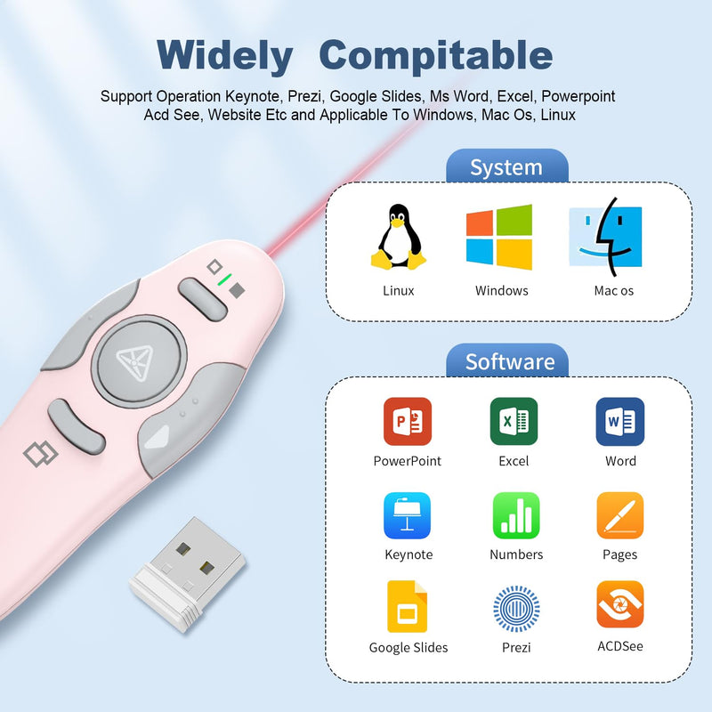 QUI Presentation Clicker Wireless Presenter Remote Clicker for PowerPoint Presentation Remote, PowerPoint Slide Advancer for Mac/Windows/Linux, Google Slide/PPT/Keynote, USB, Pink Small(USB)