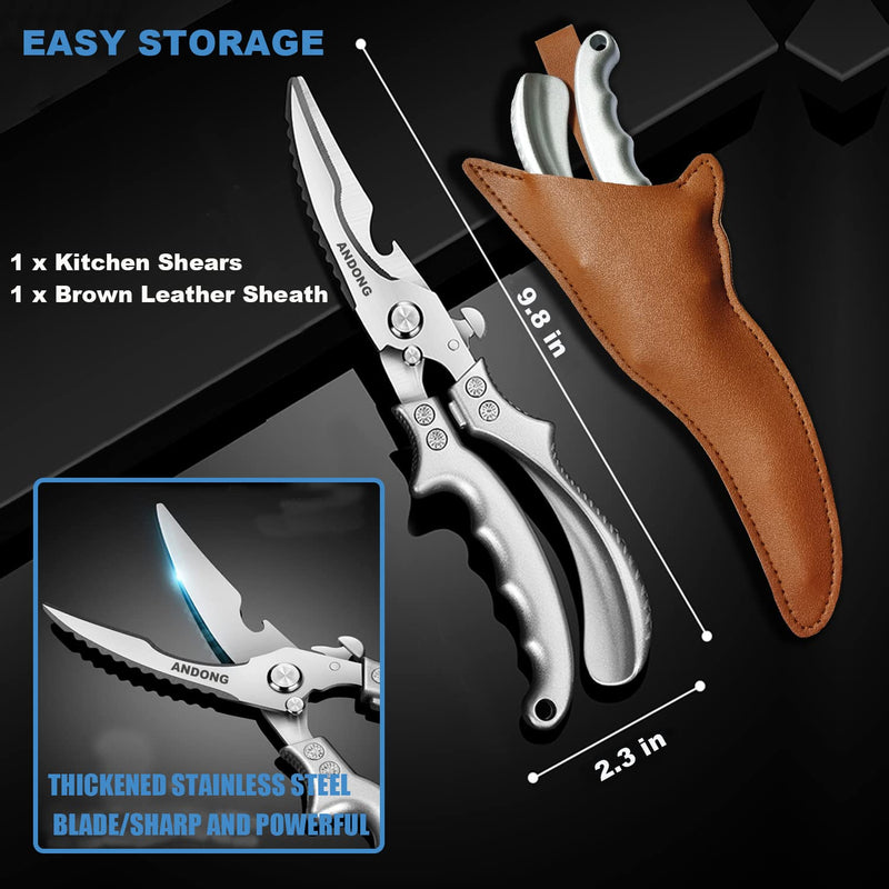 ANDONG Heavy Duty Professional Poultry Shears -Stainless Steel Kitchen & Meat Scissors with Leather Sheath, Dishwasher Safe Spring Loaded Utility Shears for Cooking, Butchering, Cutting Plus Silver