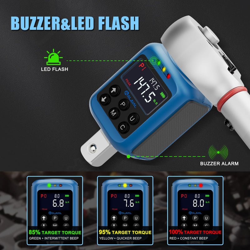 Digital Torque Adapter 1/2", 2.2-147.5 Ft-lb/3-200 Nm, Digital Torque Wrench Converter with ±2% Accuracy, Buzzer and LED Indicator, 2 Modes, 4 Units, 3/8'' & 1/4'' Adapters for Car, Moto