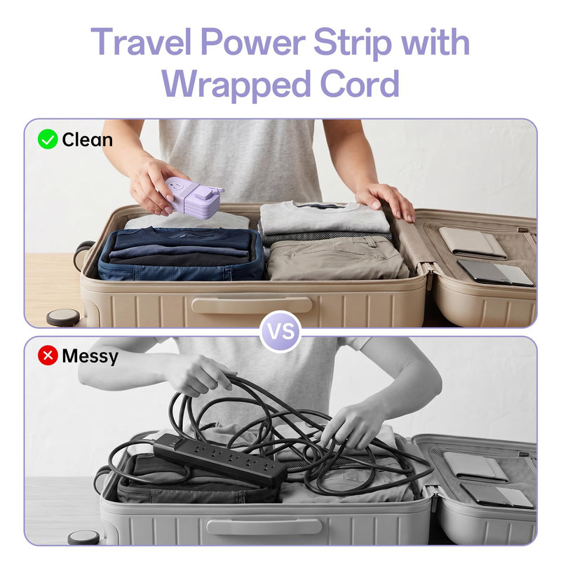 2 Pcs Travel Power Strip, SMALLRT Extension Cord with Multiple Outlets, 3.3FT Wrapped Extension Flat Plug Power Strip with 4 AC Outlets for Travel, Hotel, Cruise Approved, No Surge Protection, Purple 3.3FT-2Pcs