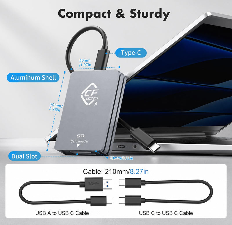 CFexpress Type A & SD Dual-Slot Card Reader, 10Gbps USB 3.2 Gen 2 Adapter | Comes with USB-C/USB-A Cables, aluminum heat-dissipating shell, plug & play, compatible with Windows, Mac, Linux & Android