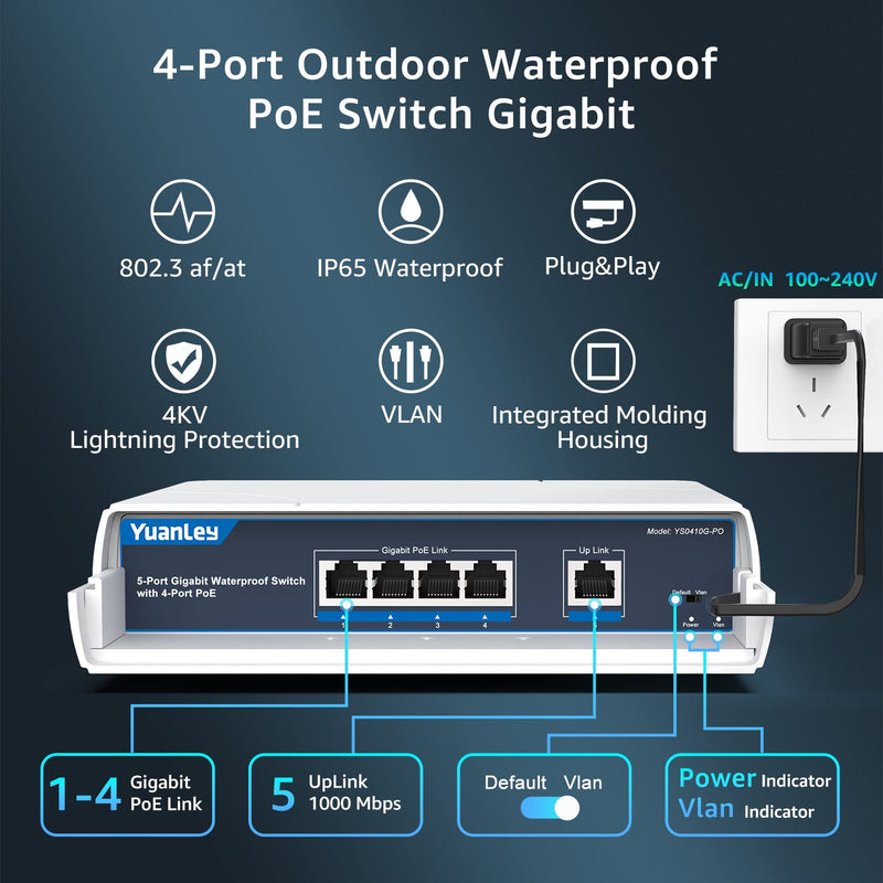 YuanLey 4-Port PoE Switch Gigabit- Waterproof Outdoor Ethernet Unmanaged Network Switch with VLAN Function, 78W Built-in Power, IEEE802.3af/at Support and Plug & Play, Ideal for Outdoor Use 4 Port | Waterproof Gigabit