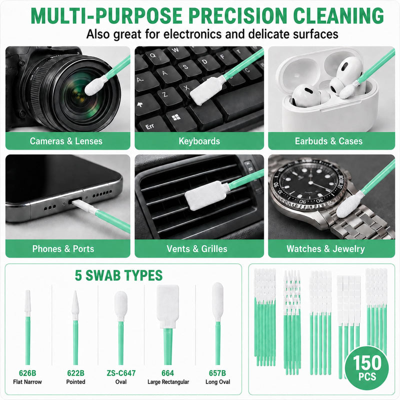 150PCS Microfiber Cleaning Swabs, 5-Size Lint Free Swabs Cleaning Q Tips for 3D Printers, Drones, Camera Lenses, Optics, Electronics, Auto Detailing, Arts and Crafts