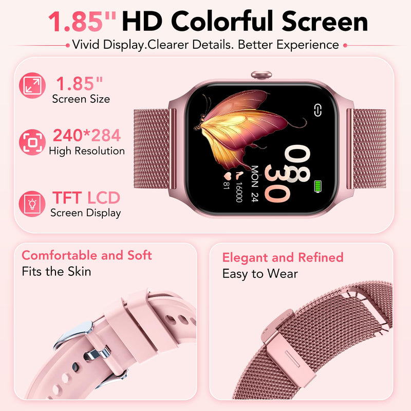 Smart Watch for Women, Answer/Make Call/AI Voice,1.85" HD Smartwatch Compatible for iPhone/Samsung/Android,120+Sport Modes Fitness Tracker with Heart Rate/Sleep Monitor, IP68Waterproof (2 Bands) Rose
