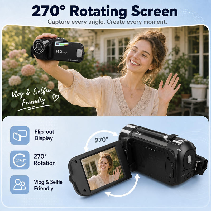 Portable Digital Camcorder Video Camera 1080P DV Camera Vlog Recorder | 2.7-inch LCD Screen 16x Digital Zoom and Built-in Battery with 32GB Card for Teens Beginners(Black) Black