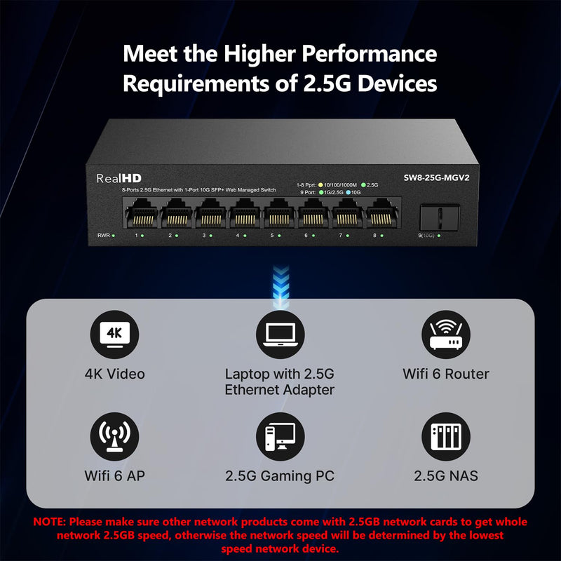 8 Port 2.5Gb Web Managed Ethernet Network Switch with 8 x 2.5 Gigabit | 1 x 10G SFP+ | Work with 10-100-1000Mbps Devices | 60G Bandwidth | Fanless Quiet Metal Internet Switch 8 Port 2.5GB Web Managed Switch