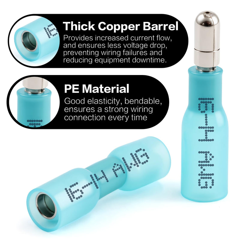 300 PCS Heat Shrink Bullet Connectors kit - Male & Female Electrical Butt Terminals, Insulated Waterproof Wire Connectors, Marine Grade Electrical Connectors - Blue 16-14 AWG Blue-AWG 16-14