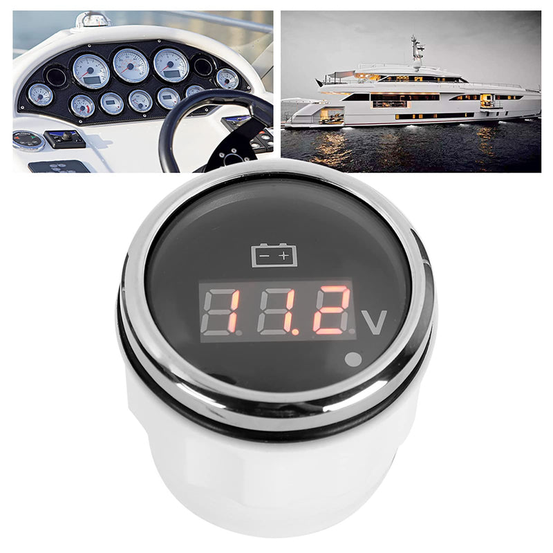 Marine LED Voltmeter, 2in 316 Stainless Steel Battery Voltage Gauge LED Digital Display IP67 Smart Alarm Universal for Car Boat Auto, Red Alarm Light Flashes (Black) Black