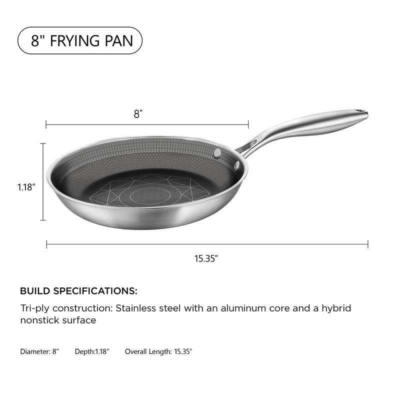 COOKER KING 8-Inch Stainless Steel Pan, Hybrid Nonstick Frying Pan – 3-Ply Clad Cookware, Healthy & Non-Toxic, Dishwasher & Oven Safe, Stay-Cool Handle, Induction Compatible – Metal Utensil Safe 8 Inch