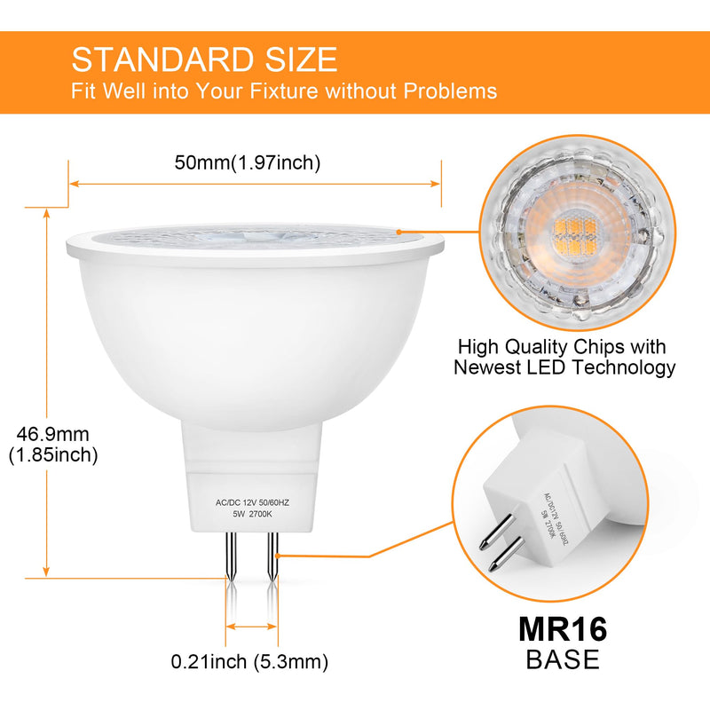 Mlambert 12 Pack MR16 LED Bulbs 50W Halogen Equivalent,2700K Warm White,5W GU5.3 MR16 12V Spotlight Bulb,Non-Dimmable,45° Beam Angle for Landscape 12 Count (Pack of 1)