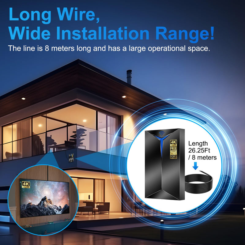 2026 Upgraded TV Antenna Indoor Outdoor for Local Channels | 3800+ Miles Long Range for Local Channels, with Amplified Signal Booster, Supports 8K 4K 1080P HD, with 26ft Coaxial Cable Black Medium