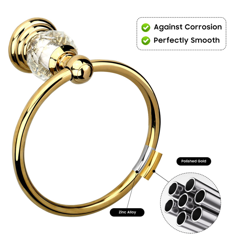 Crystal Gold Towel Ring, Gold Bathroom Towel Holder Ring, Golden Towel Rack Hanger Home Hand Towel Ring Towel Holder for Bathroom Wall Mounted Bathroom Accessory
