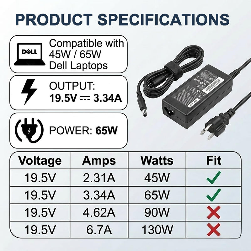 65W AC Adapter for Dell 14 15 16 Laptop DC15250 DC15255 DC16255 Charger | Replacement for DC15250 DC15255 DC14250 DC16250 DC16251 DC1625, 4.5mm AC Adapter