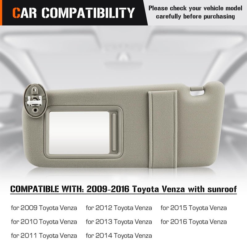 Sun Visor with Light for 2009-2016 Toyota Venza with Sunroof, Left Driver Side Beige Sunvisor Replacement 74320-0T021-A1 (Beige) Left - For Venza w Sunroof