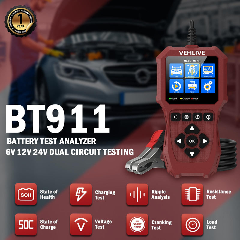Car Battery Tester 6V 12V 24V with Lithium Battery Testing, BT911 5-3000CCA Automotive 12V&24V Dual Circuit Testing, Load/Alternator Tester, Charging Cranking System Tester for All Car Motorcycle Boat Light Red