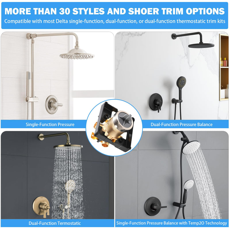 R10000-UNBX MultiChoice Universal Shower Valve Body, Rough-in Tub and Shower Valve Compatible with Delta 13/14, 17, 17T Series Trim Kits, 1/2-Inch Universal Inlets for PEX, Copper, CPVC R10000-UNBX