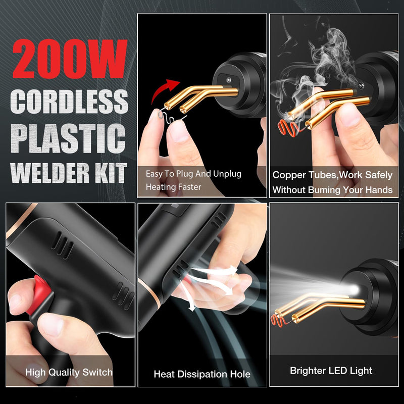 200W Cordless Plastic Welder, Plastic Welding Kit with 1200PCS Hot Stapler, USB Rechargeable Plastic Welder Gun with 5000mAh Battery, Plastic Weld Bumper Repair Kit for Most Plastic Repair Black