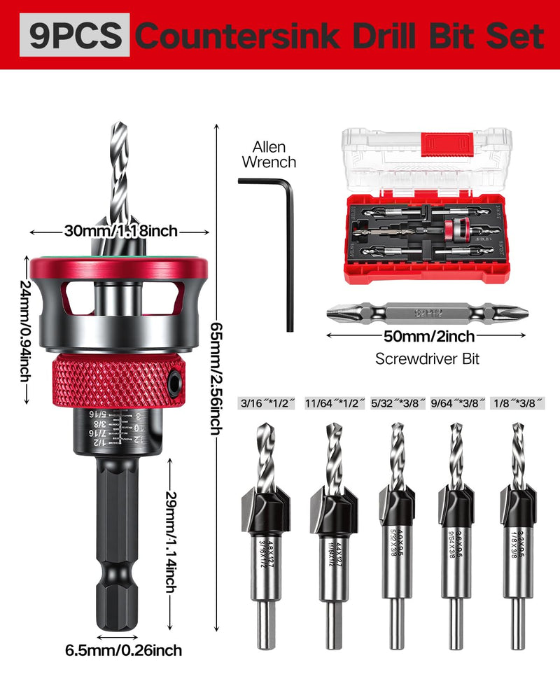 9 PCS Countersink Drill Bits Set, 5PCS Two-Flute TCT Alloy Tapered Drill Bits and Adjustable Depth Stop Collar, Wood Countersink Bit with Wrench for 82 Degree Woodworking, Plywood and MDF DIY 9PCS