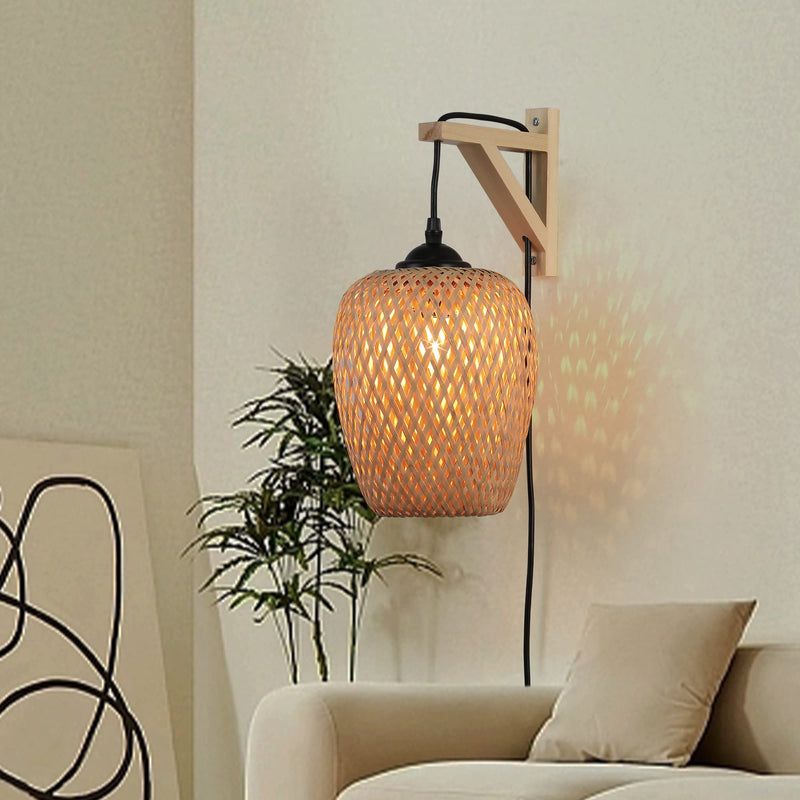 Plug in Bamboo Wall Sconces, Industrial Hand-Woven Rattan Lampshade Hanging Wall Light Fixture with Wood Base, Farmhouse Wall Mounted Lamp for Kitchen Island, Living Room, Bedroom Rattan Lampshade Wall Light
